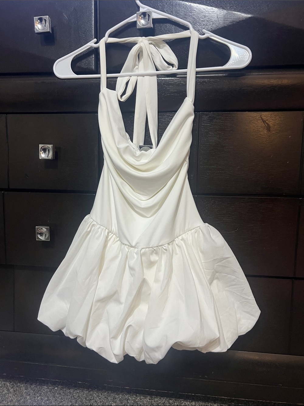 SHEIN White Halter Cowl Neck Bubble Mini Dress